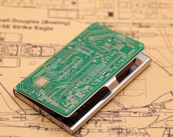 Recycled Circuit Board Business Card Case, Stainless Steel, Office Gift for Programmer