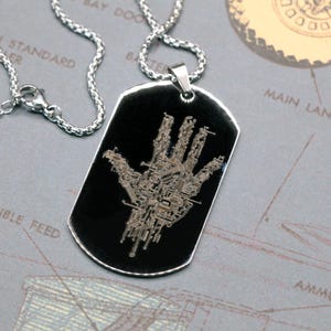 Personalized Mechanical Palm Necklace, Custom Engraved Dog Tag, Stainless Steel Mens Necklace, Cyberpunk Gift for Dad