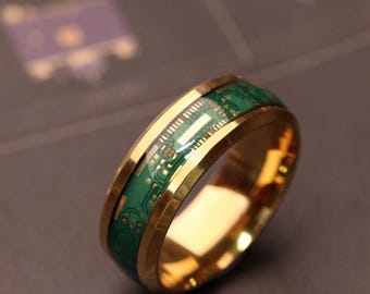 Circuit Board Wedding Rings, Gold Edge PCB Jewelry, Steampunk Style Couples Bands, Unique Geek Gifts