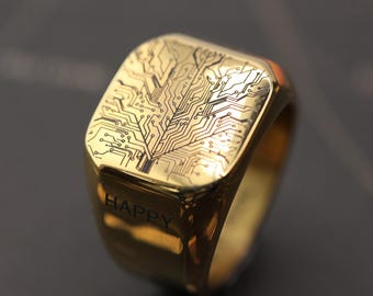 Custom Gold Circuit Tree Ring, Tech Engagement Band, Wedding Gift For Programmers