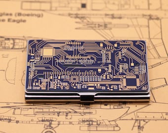 Recycled Circuit Board Business Card Case, Stainless Steel, Fathers Day Gift for Cyberpunk Dad