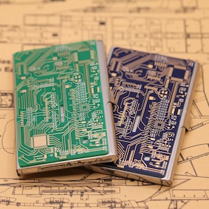 Recycled Circuit Board Card Case, Stainless Steel, Mother's Day Gift For Nerd Mom