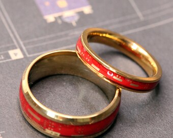 Circuit Board Wedding Rings, Gold Edge PCB Couple Bands, Tech Jewelry Set, Nerd Anniversary Gifts