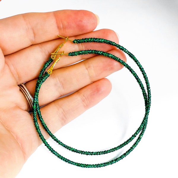 Large Green Hoops, Big Hoops, Sparkly Green Earrings, Dark Green Jewelry UK