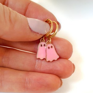 Pink Ghost Earrings, Halloween Earrings, Spooky Earrings, Halloween Jewelry, Cute Ghost Huggie Hoop Earrings, Small hoop earrings