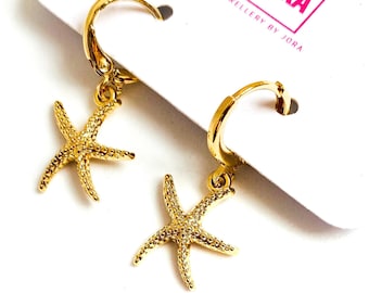 Starfish Earrings, Charm Hoop Earrings, Gold Huggie Earrings, Ocean Earrings, Star Fish Jewelry, Beach Lovers Gift, Beachy Earrings