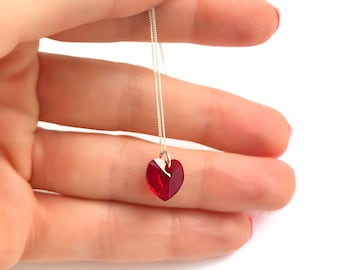 Sterling Silver Red Heart Necklace, Swarovski Heart Pendant Necklace, Swarovski Crystal Heart Jewelry, UK Seller