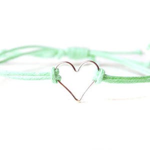 Sterling Silver Heart Bracelet, Mint Bracelet, Adjustable Cord Bracelet, Mint Jewelry UK image 1