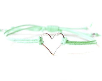 Sterling Silver Heart Bracelet, Mint Bracelet, Adjustable Cord Bracelet, Mint Jewelry UK