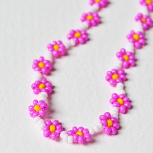 Hot Pink Flower Necklace, Seed Bead Necklace, Cerise Pink and White Floral Necklace, UK Seller image 4
