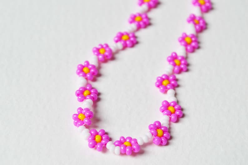 Hot Pink Flower Necklace, Seed Bead Necklace, Cerise Pink and White Floral Necklace, UK Seller image 4