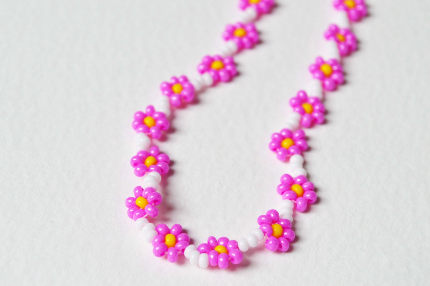 Hot Pink Flower Necklace, Seed Bead Necklace, Cerise Pink and