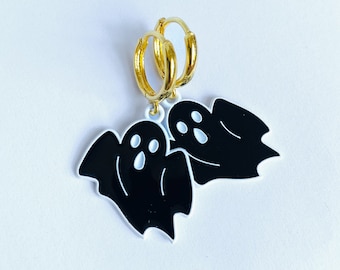 Black Ghost Earrings, Halloween Earrings, Spooky Earrings, Halloween Jewelry, Creepy Ghost Huggie Hoop Earrings, Ghost Jewelry UK