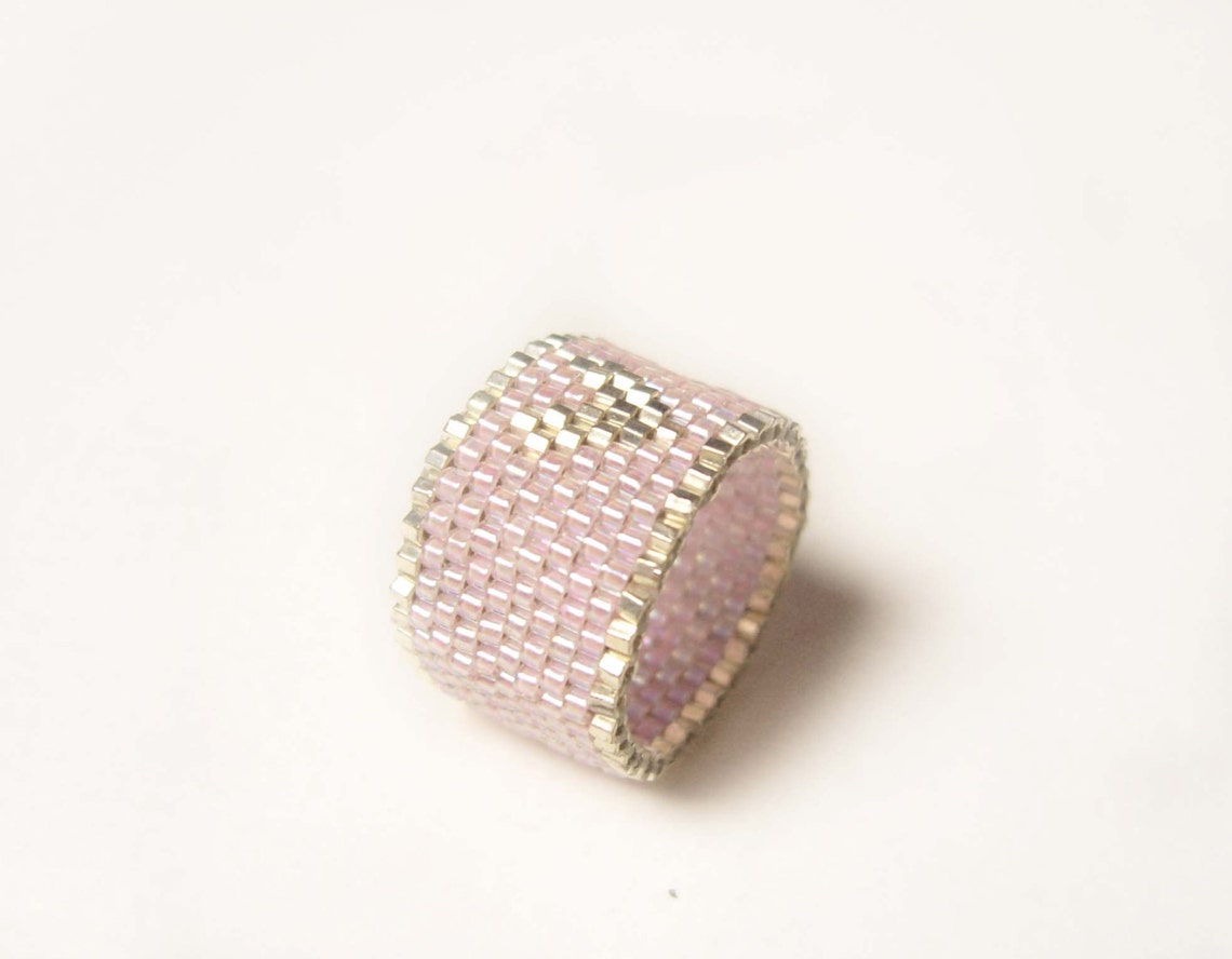 Seed Bead Ring Pink Heart Ring Silver Heart Ring Beaded Etsy