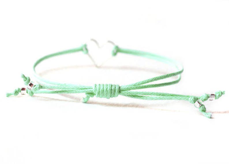 Sterling Silver Heart Bracelet, Mint Bracelet, Adjustable Cord Bracelet, Mint Jewelry UK image 4