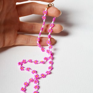 Hot Pink Flower Necklace, Seed Bead Necklace, Cerise Pink and White Floral Necklace, UK Seller image 1