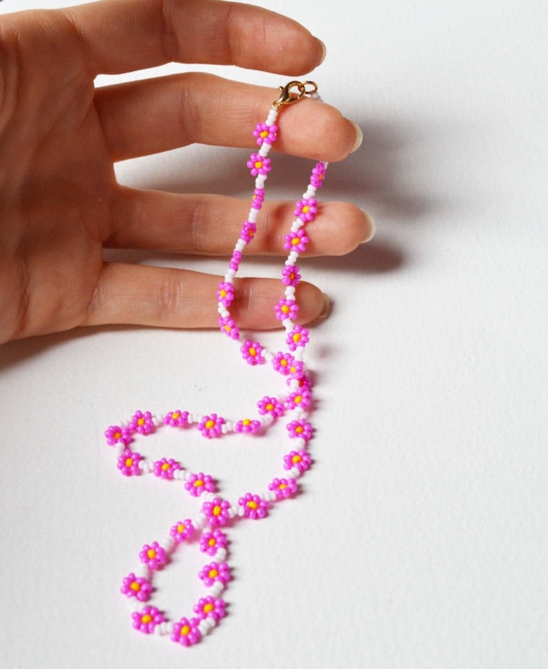 Hot Pink Flower Necklace, Seed Bead Necklace, Cerise Pink and White Floral Necklace, UK Seller image 1