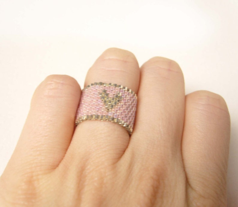 Download Seed Bead Ring Pink Heart Ring Silver Heart Ring Beaded | Etsy