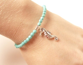 Genuine Turquoise Bracelet, Silver Seahorse Bracelet, Turquoise Bead Bracelet, Seahorse Jewelry UK