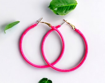Bright Pink Hoop Earrings, Coloured Hoops, Colourful Summer Jewellery, Fuchsia Earrings, Big Hoops, Vacation Jewelry, Fun Earrings, Gold