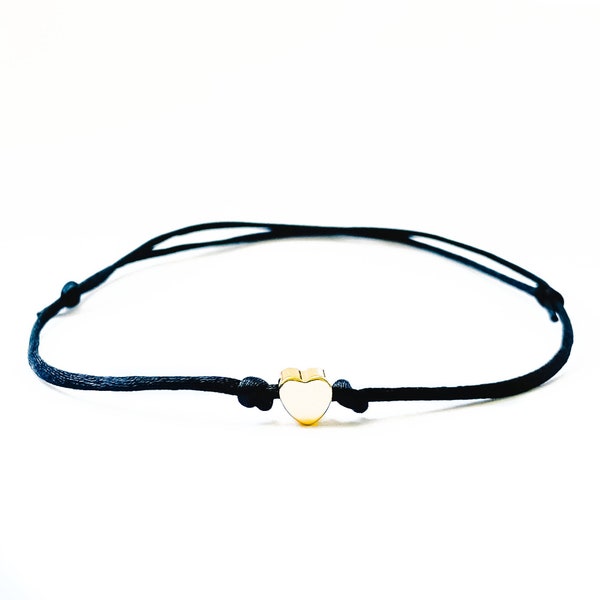 Small Gold Heart Bracelet, Black String Bracelet, Heart Friendship Bracelet, Black Cord Bracelet