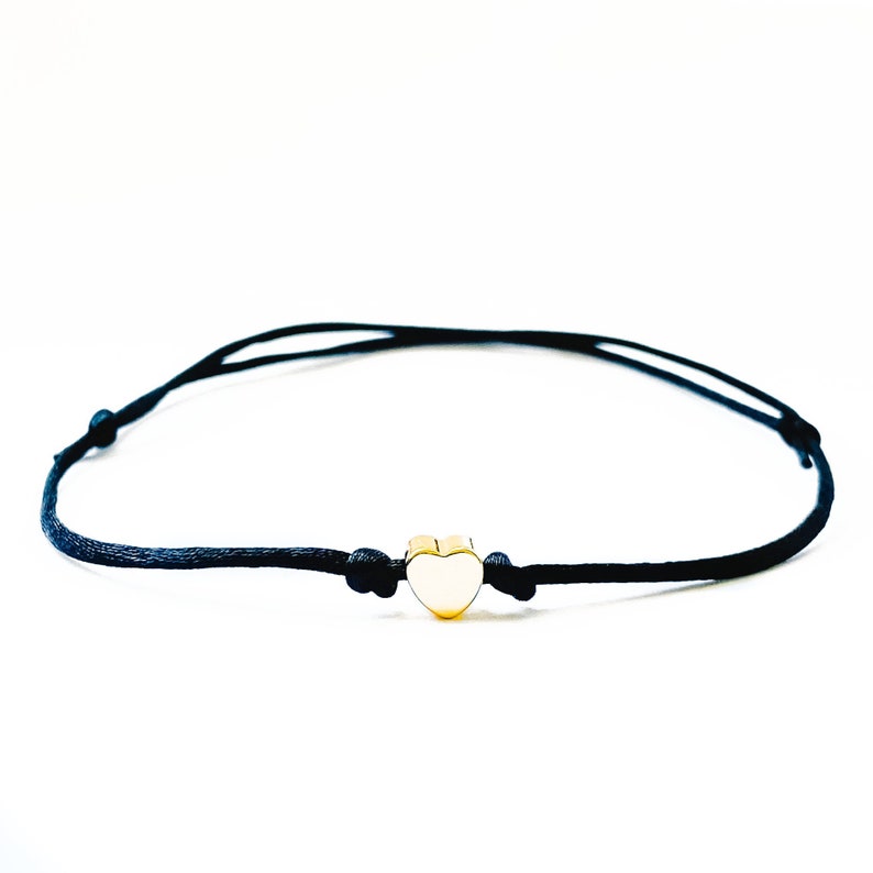 Small Gold Heart Bracelet, Black String Bracelet, Heart Friendship Bracelet, Black Cord Bracelet image 1