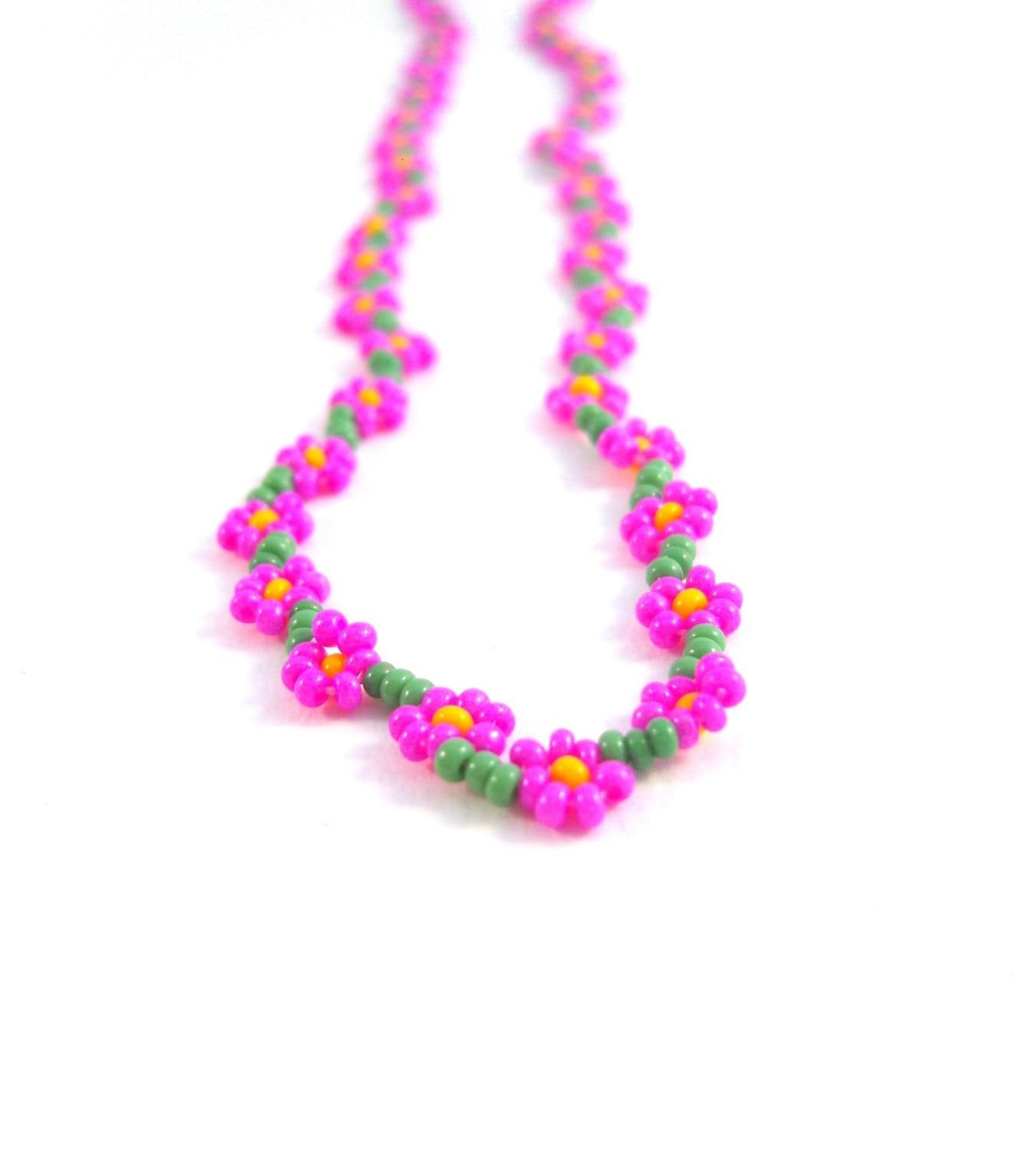Seed Bead Flower Necklace Hot Pink Beaded Necklace Neon Pink Etsy