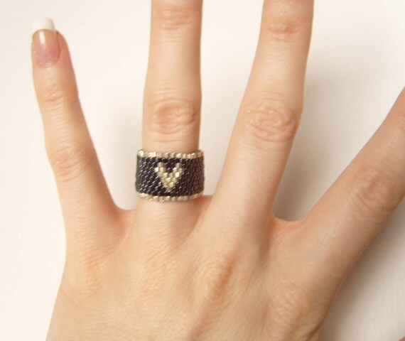 Black beaded ring Flexible ring Ring for women Silver