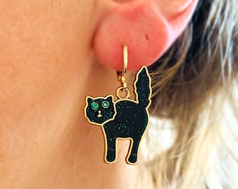 Halloween Cat Earrings, Black Cat Jewelry, Scared Cat Huggie Hoops, Witches Cat, Spooky Gifts in the UK