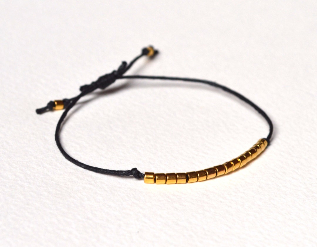 Gold Bead Bracelet, Black String Bracelet, Waxed Cord Bracelet, Black Jewelry, UK Seller Etsy