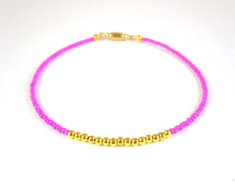 Bright Pink Anklet, Neon Pink and Gold Seed Bead Anklet, Tropical Ankle Bracelet, Gifts for Teenage Girls, Beach Anklet Made In The UK