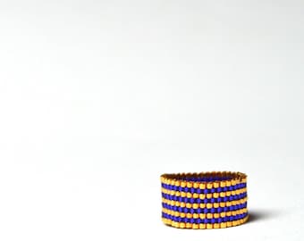 Gold and Blue Striped Bead Ring, Seed Bead Ring, Alternative Wedding Band, Handmade in the UK, Stocking Filler Gift for her under 30