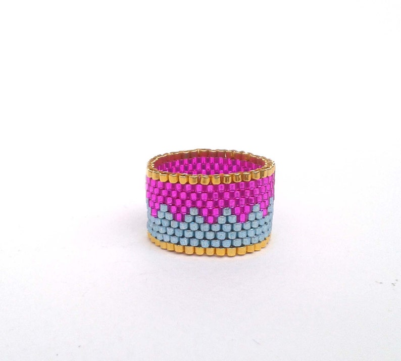 Turquoise Beaded Ring Pink Seed Bead Ring Zig Zag Ring Etsy