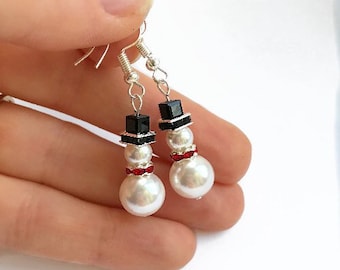 Swarovski Snowman Earrings, Novelty Christmas Earrings, Snowman Dangle Earrings UK, Stocking Filler