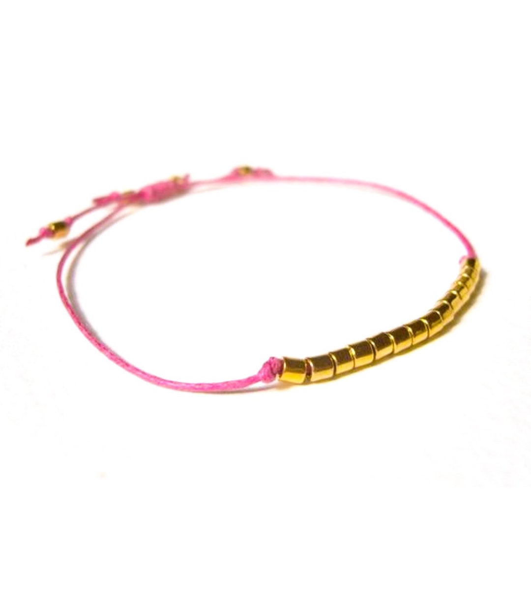 Hot Pink String Bracelet With Gold Beads, Pink Cotton Cord Bracelet ...