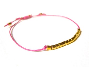 Hot Pink String Bracelet with Gold Beads, Pink Cotton Cord Bracelet, Girls Friendship Bracelet, UK Seller