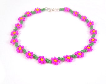 Beaded Flower Bracelet: Hot Pink Bracelet, Fuschia Pink Flower Jewelry, UK Seller