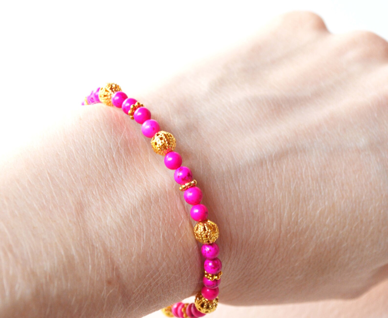 Neon Pink Bracelet Hot Pink and Gold Beaded Bracelet Howlite Etsy