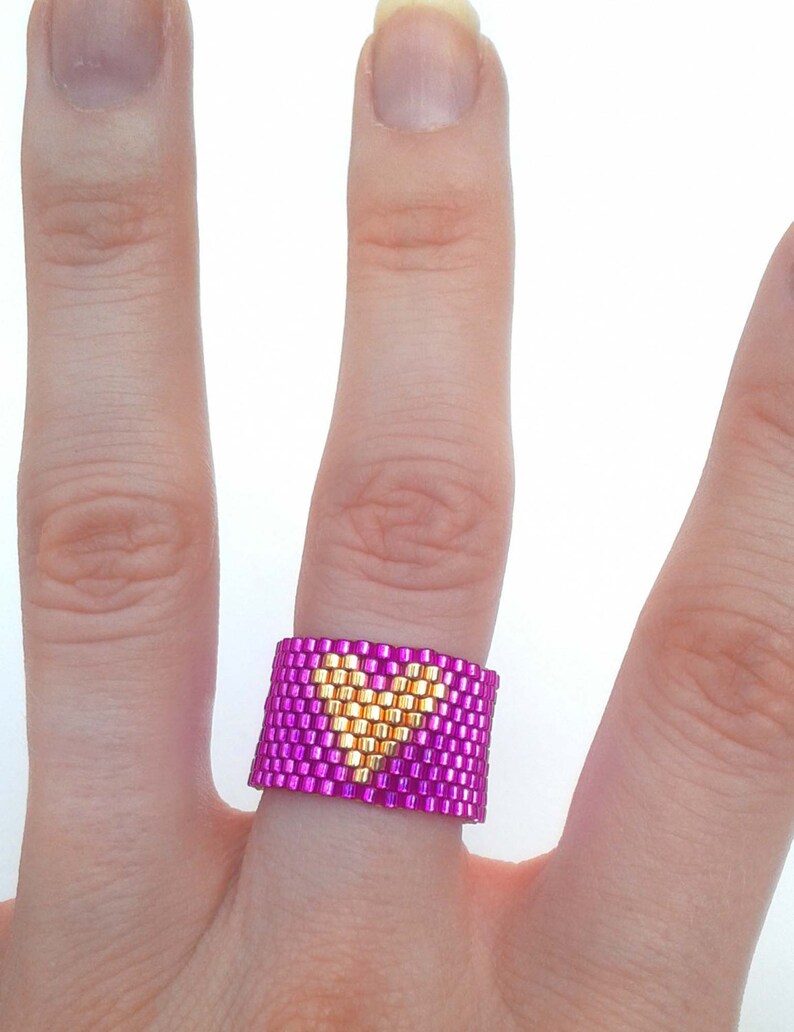 Gold Heart Ring Fuchsia Pink Ring Hot Pink Seed Bead Ring Etsy