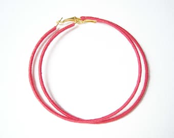 Coral Pink Hoop Earrings, Big Hoops, Extra Large Hoops, Thread Wrapped Hoops, Lightweight Earrings, Colourful Hoop Earrings  in the UK