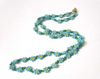 Daisy Chain Necklace, Forget Me Not Necklace, Blue Flower Necklace, Beaded Jewelry UK