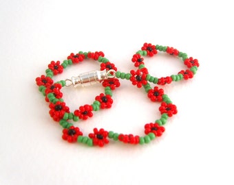 Red Poppy Anklet, Birth Flower Jewelry, Birth Month Flower Ankle Bracelet, Waterproof Anklet, Beaded Anklet, Dainty Anklet, UK Seller