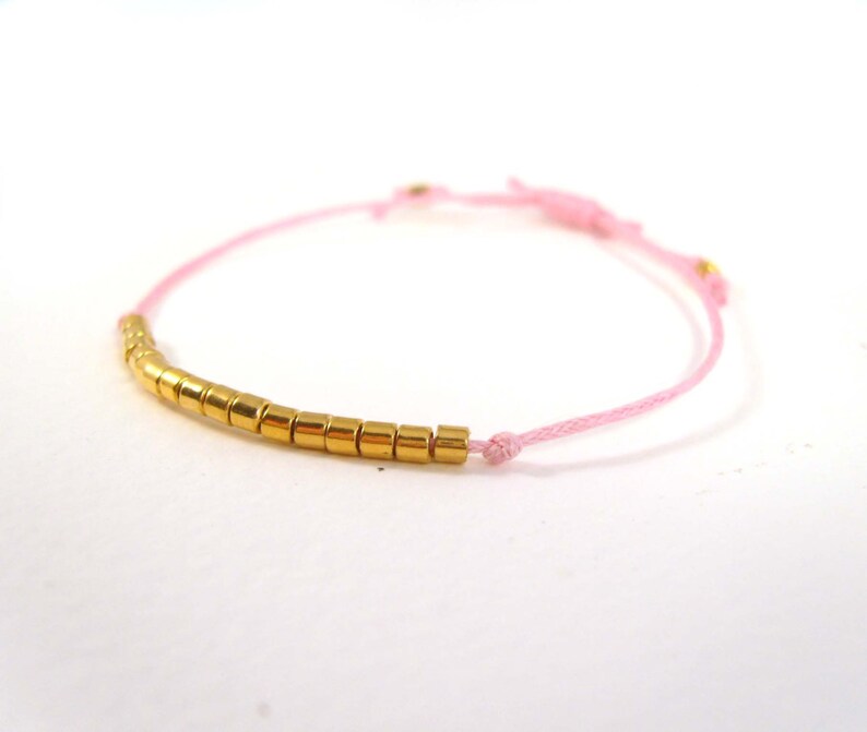 Pink Friendship Bracelet, Light Pink String Bracelet, Gold Bead ...