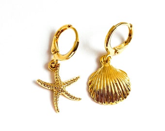 Mismatched Gold Beach Earrings, Star Fish Earrings, Shell Earrings, Summer Jewelry UK