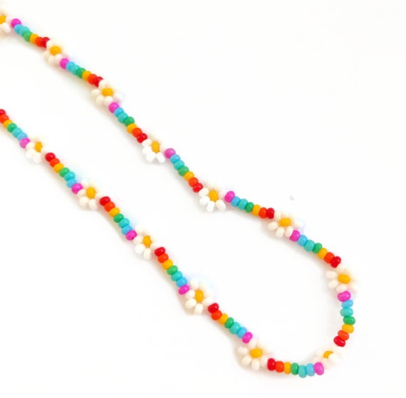 Rainbow Beaded Flower Necklace