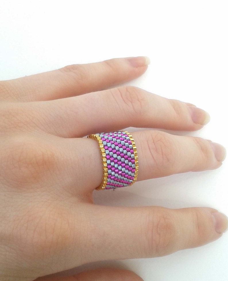 Seed Bead Ring Pink and Blue Striped Ring Beadwoven Ring Etsy