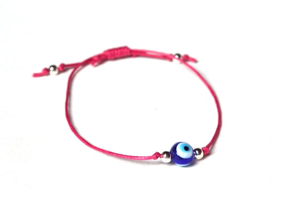 Raspberry Pink Bracelet, Evil Eye Bracelet, Pink String Jewelry, Slide Bracelet, UK Seller