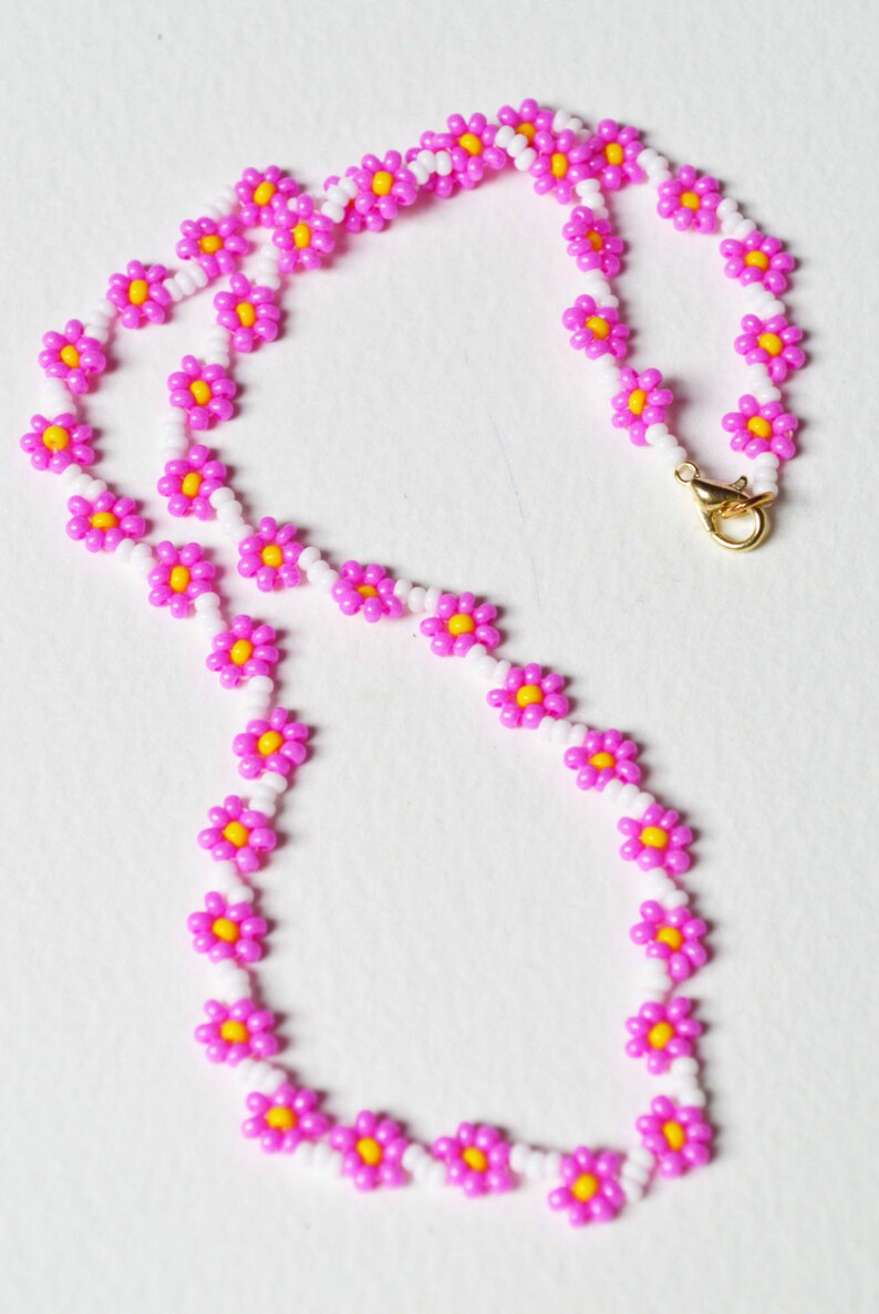 Hot Pink Flower Necklace, Seed Bead Necklace, Cerise Pink and White Floral Necklace, UK Seller image 3