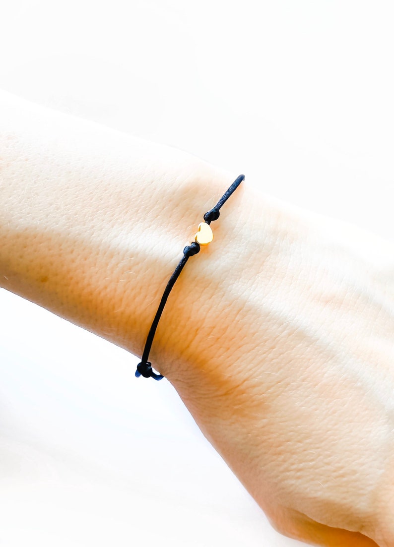 Small Gold Heart Bracelet, Black String Bracelet, Heart Friendship Bracelet, Black Cord Bracelet image 3