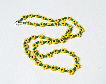 Beaded Sunflower Necklace. Seed Bead Flower Necklace, Sunflower Jewelry, UK Seller